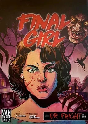 Box art for the game Final Girl featuring a close-up of a young woman with a bloody cheek, with a monster looming in the background.