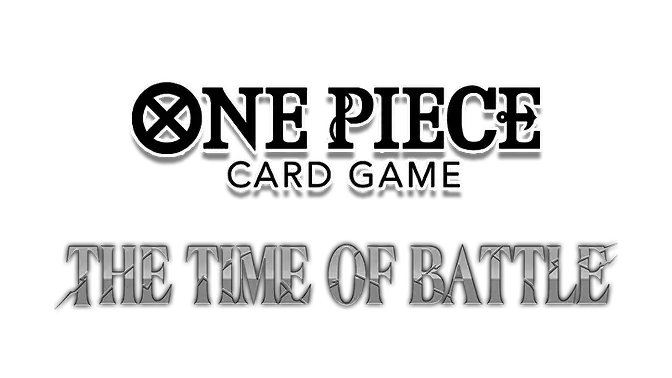 Logo for the One Piece Card Game with the words THE TIME OF BATTLE in bold, metallic font underneath, on a plain white background.