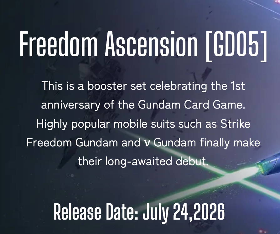 Freedom Ascension [GD05] poster for the Gundam Card Game, featuring glowing v Gundam and Strike Freedom Gundam swords, with release date: July 24, 2026.