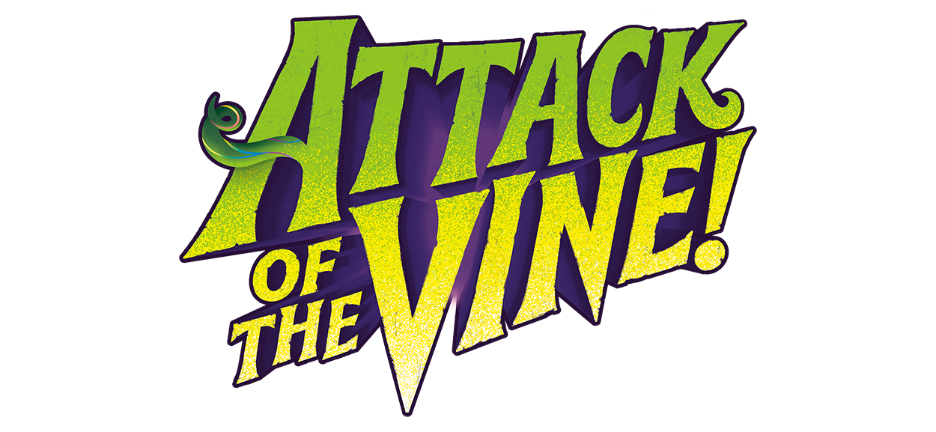 Bold, green and yellow text reads Attack of the Vine! with a green cartoon vine curling around the letter A on a white background.
