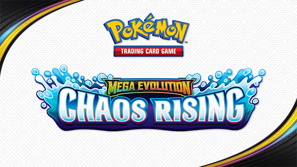 Logo for Pokémon Trading Card Game Mega Evolution: Chaos Rising, with blue and white water splash effects and bold, colorful text on a white patterned background.