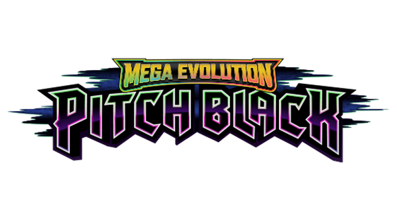Text logo reading Mega Evolution Pitch Black in bold, stylized letters with a gradient color effect and a dark, jagged background design.