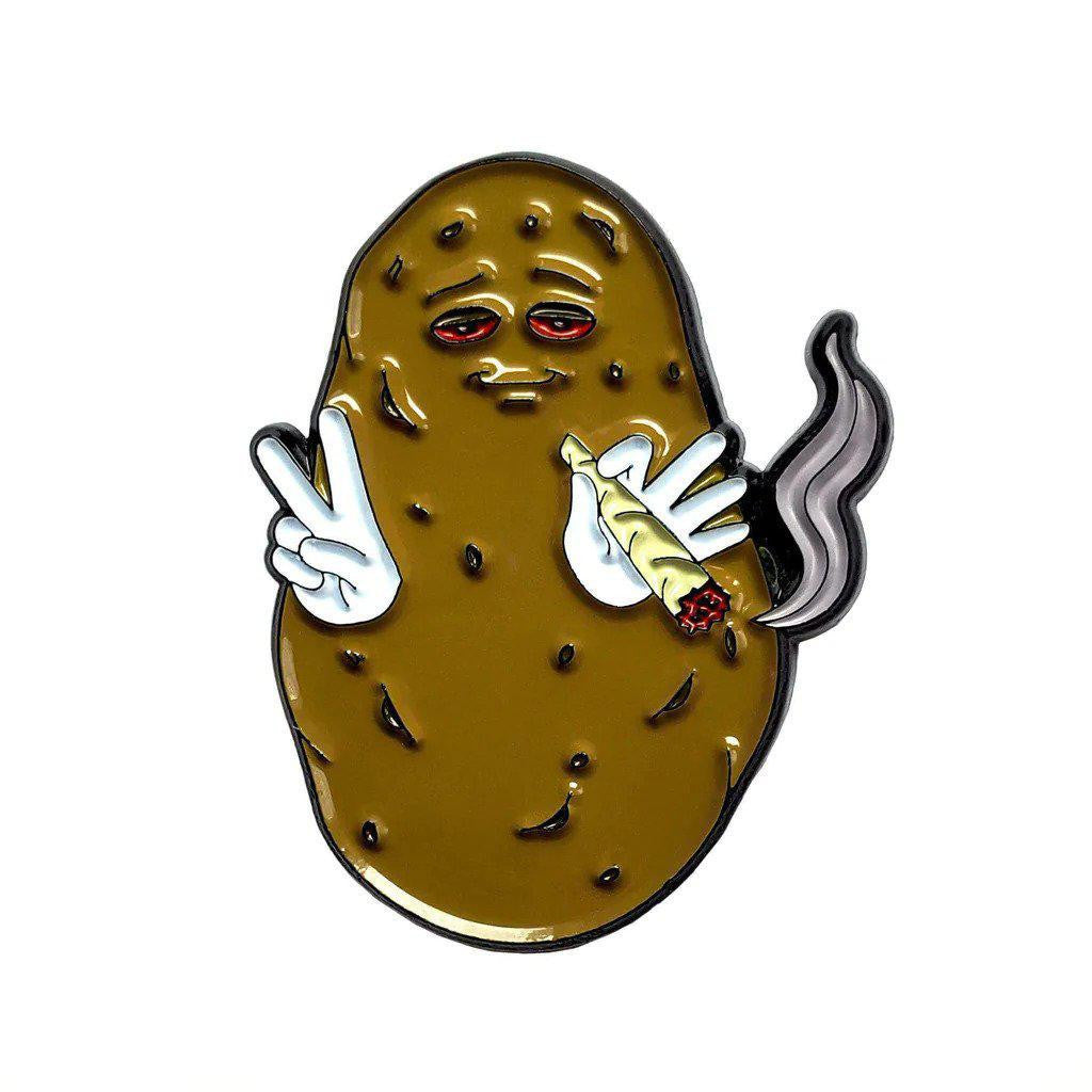 Kolorspun Pins Baked Potato Enamel Pin showing a red-eyed cartoon potato. Cannabis-themed accessory.