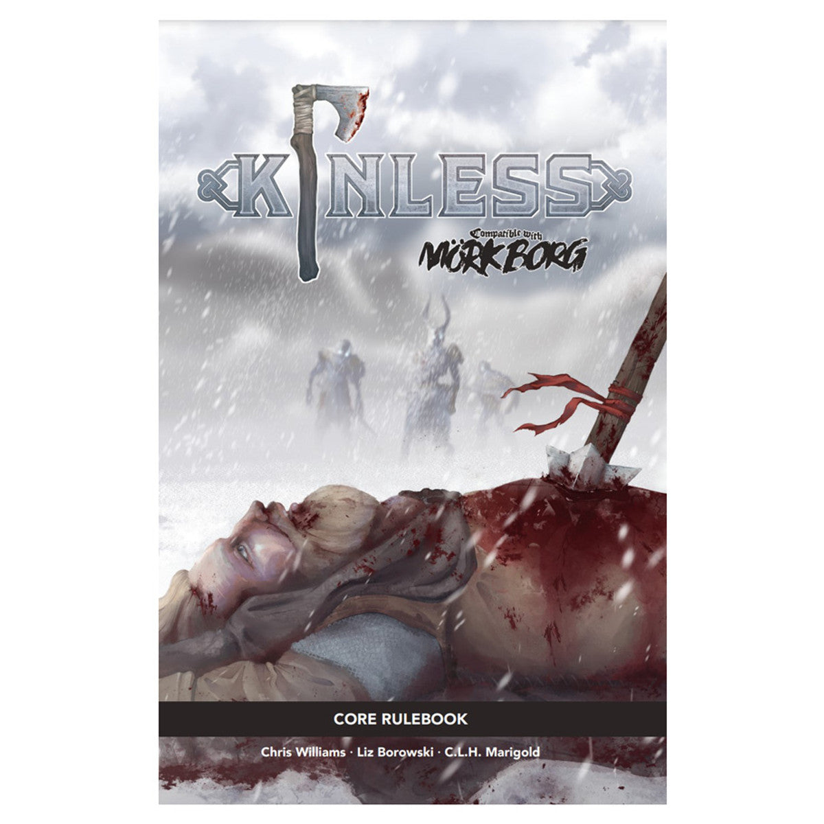 Mork Borg: Kinless product featuring a bearded Viking in snowy landscape with ghostly figures approaching.