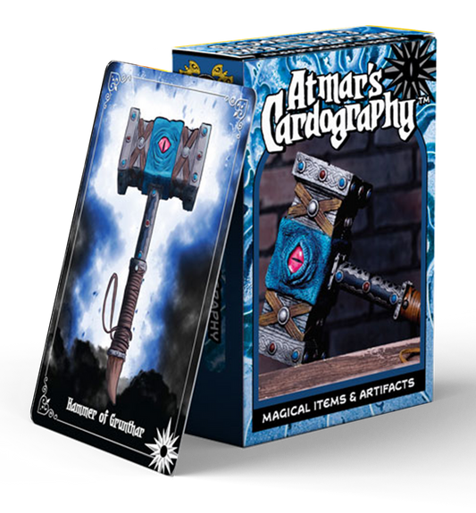 Cardography - Magical Items & Artifacts box set featuring the Hammer of Grunthar card.