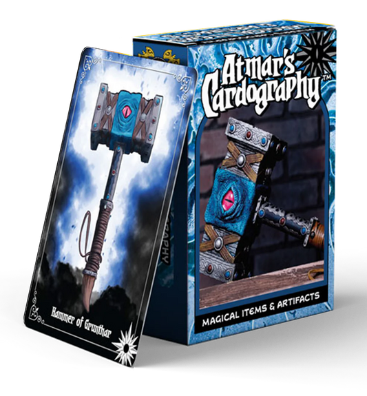 Cardography - Magical Items & Artifacts fantasy treasure deck and box, Hammer of Grumbar variant.