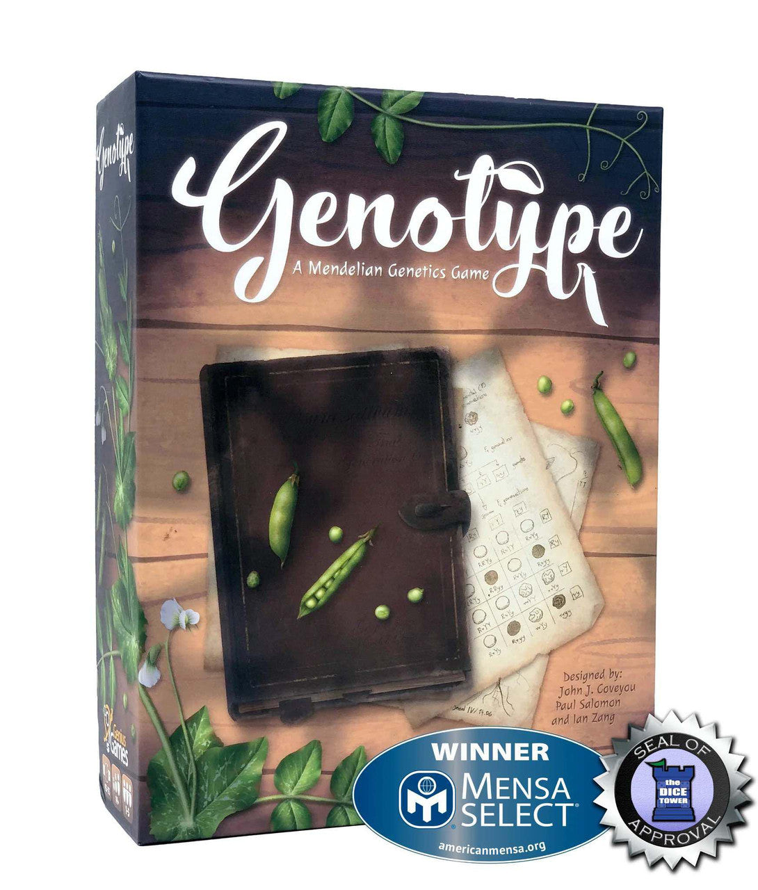 Genotype board game box featuring pea plants, pods, two award seals, and Mendelian genetics game title.