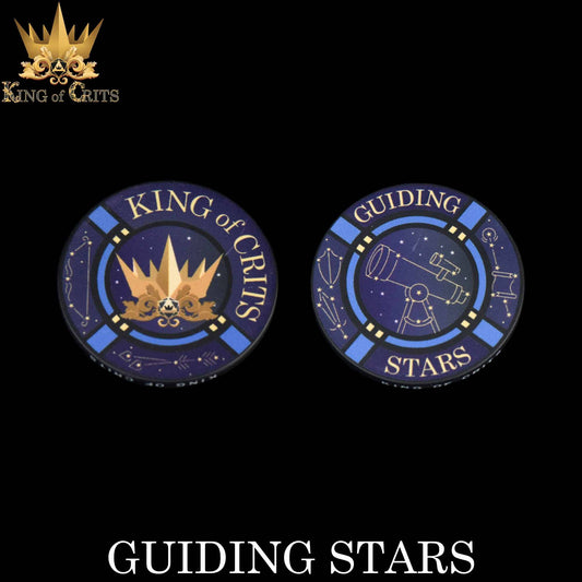 Two round pins: one featuring a crown and stars, the other with a telescope and Guiding Stars - 7 Dice Set theme.