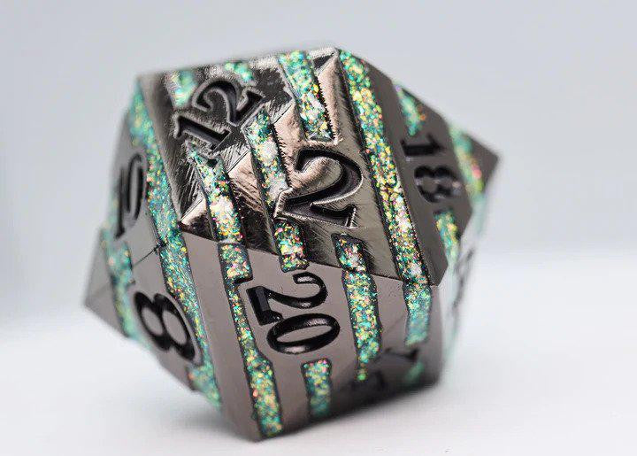 35mm Metal D20 Black with Green Mica, glittery green stripes and black numbers on a plain background.