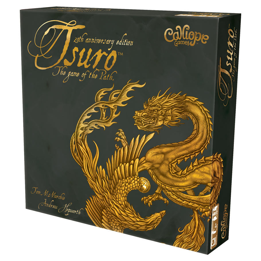 Tsuro: 20th Anniversary Edition board game in a black box with gold lettering and a golden dragon.