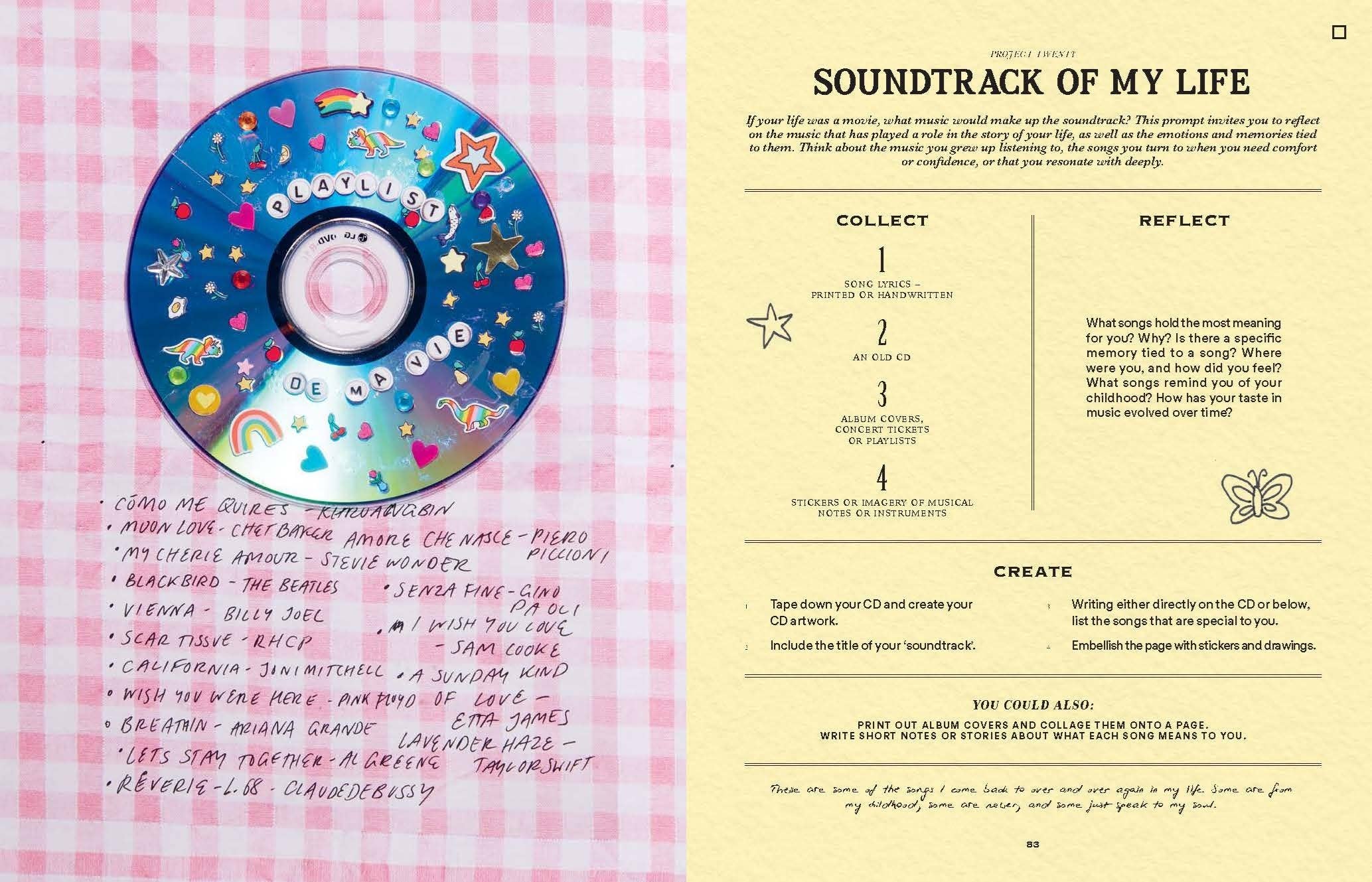 A Year of Junk Journaling set with decorated CD, scrapbook prompts, and handwritten playlist.