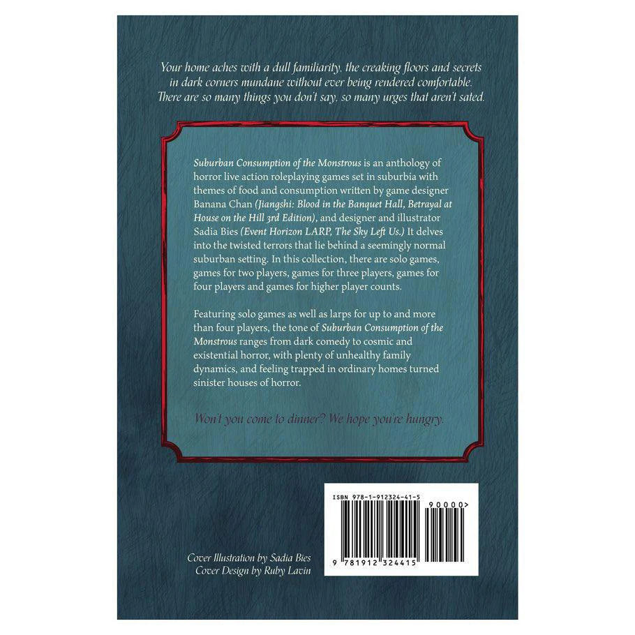 Back cover of Suburban displaying a summary of Banana Chans horror anthology games, with blue and red accents.