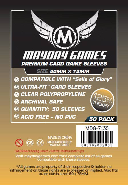 Premium Custom Card Sleeves (Sails of Glory Sized) 50x75 mm in black and gold packaging with details, icons, and barcode.