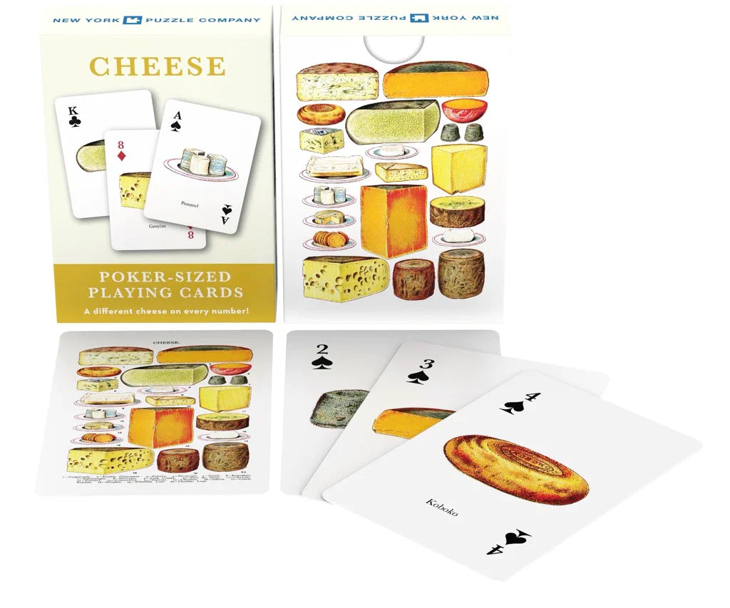 Cheese Playing Cards deck and box featuring European cheese designs, with Gruyere and Roquefort on marked cards.