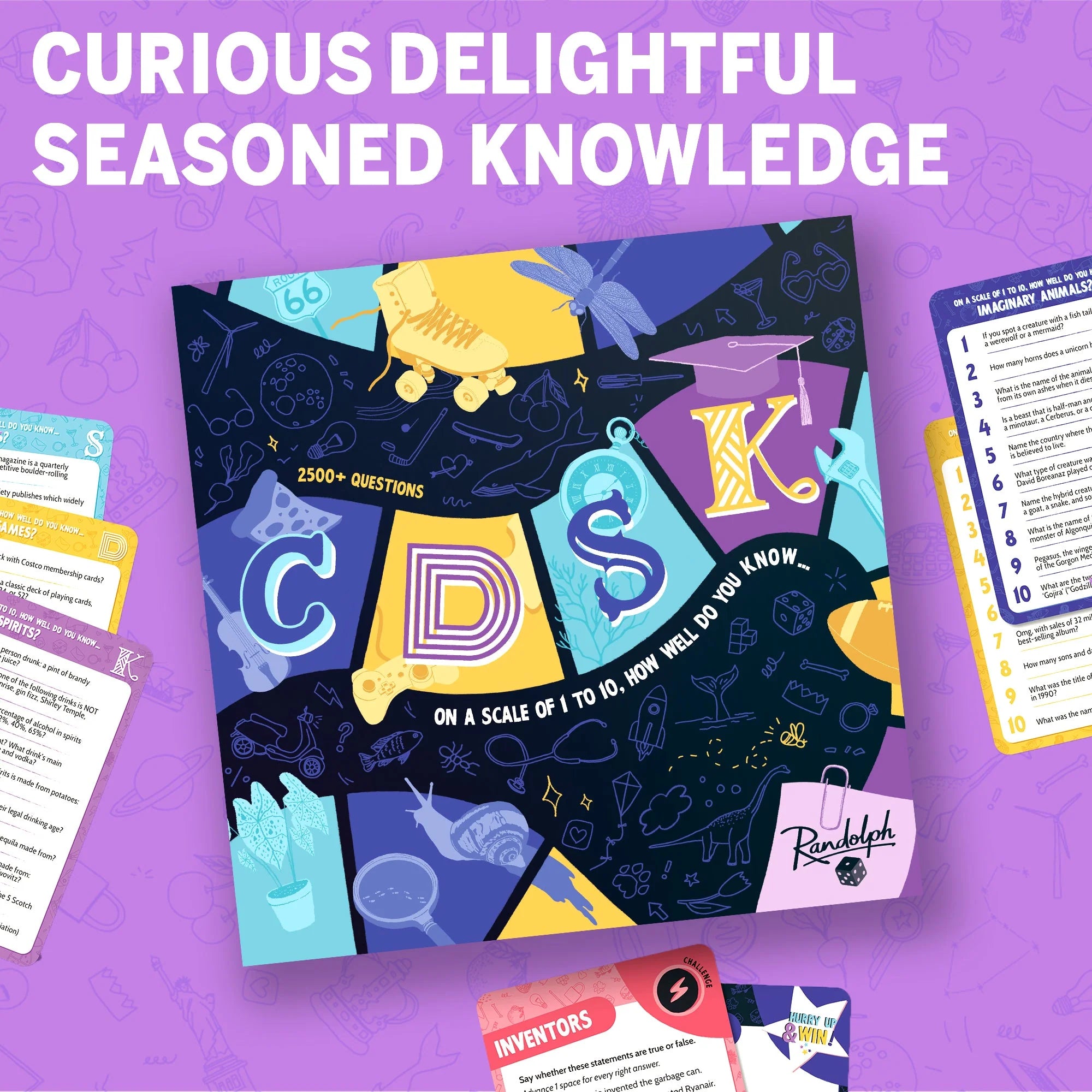 CDSK board game—Curious Delightful Seasoned Knowledge, includes trivia cards and game components.