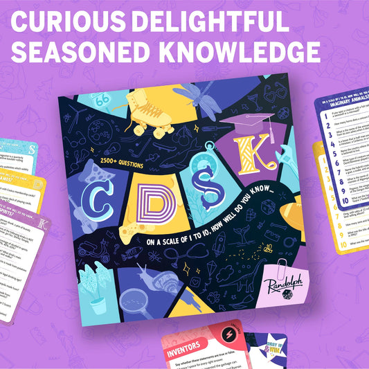 CDSK board game—Curious Delightful Seasoned Knowledge, includes trivia cards and game components.