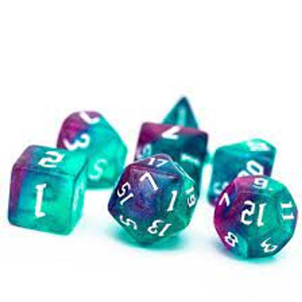 Aurora Elemental RPG Dice Set with teal and purple dice featuring white numbers.