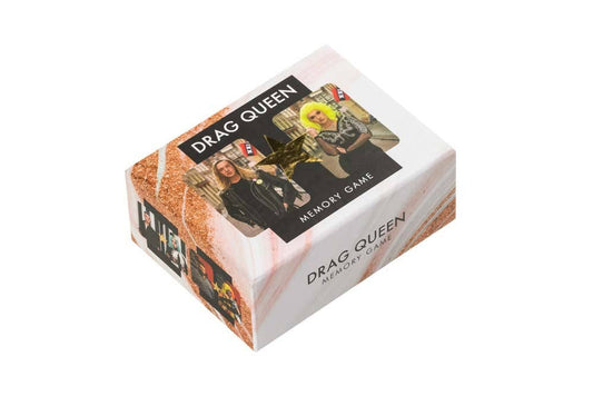 Box for Drag Memory Game with photos of Dutch Drag Queens on the packaging.