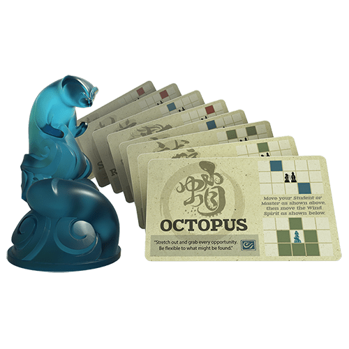 Blue octopus piece and movement instruction cards from Onitama: Way of the Wind Expansion.