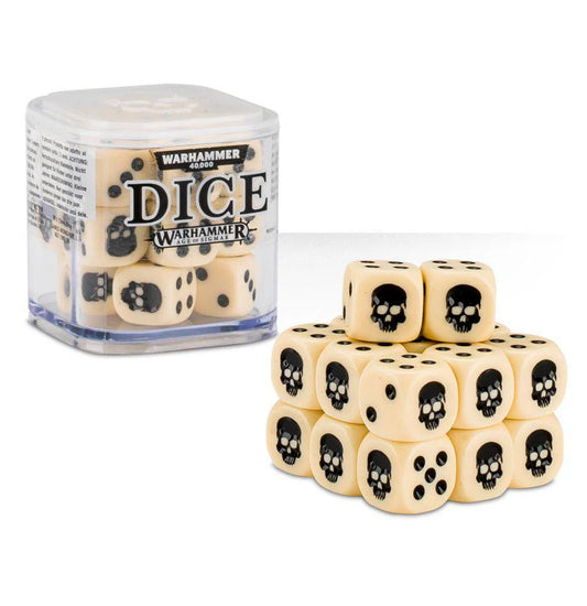 Bone-colored Warhammer 12mm dice stacked next to a clear box labeled Warhammer 12mm Dice Set - BONE.