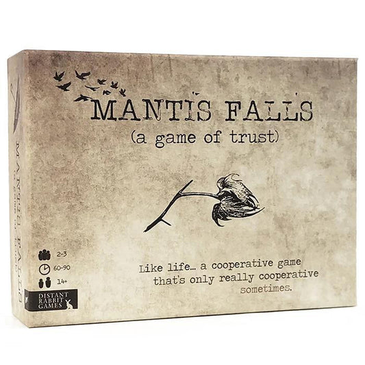 Mantis Falls cooperative board game box featuring a wilted flower and trust-themed tagline.