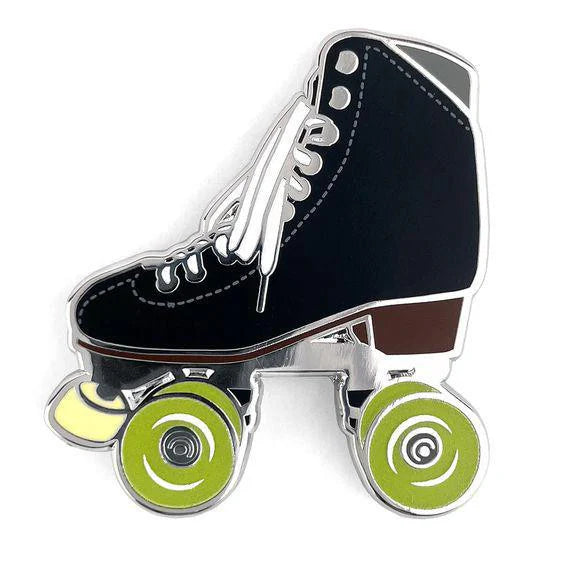 Black roller skate pin, side view, with white laces and green glow-in-the-dark wheels.