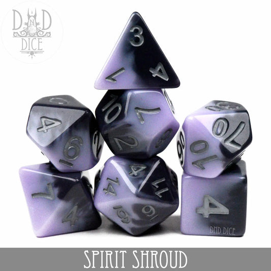 Spirit Shroud Dice Set with 7 purple and black marbled polyhedral dice featuring silver numbers.