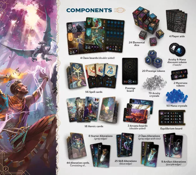 Mercurial board game components including cards and dice for a fantasy-themed card and dice manipulation game.