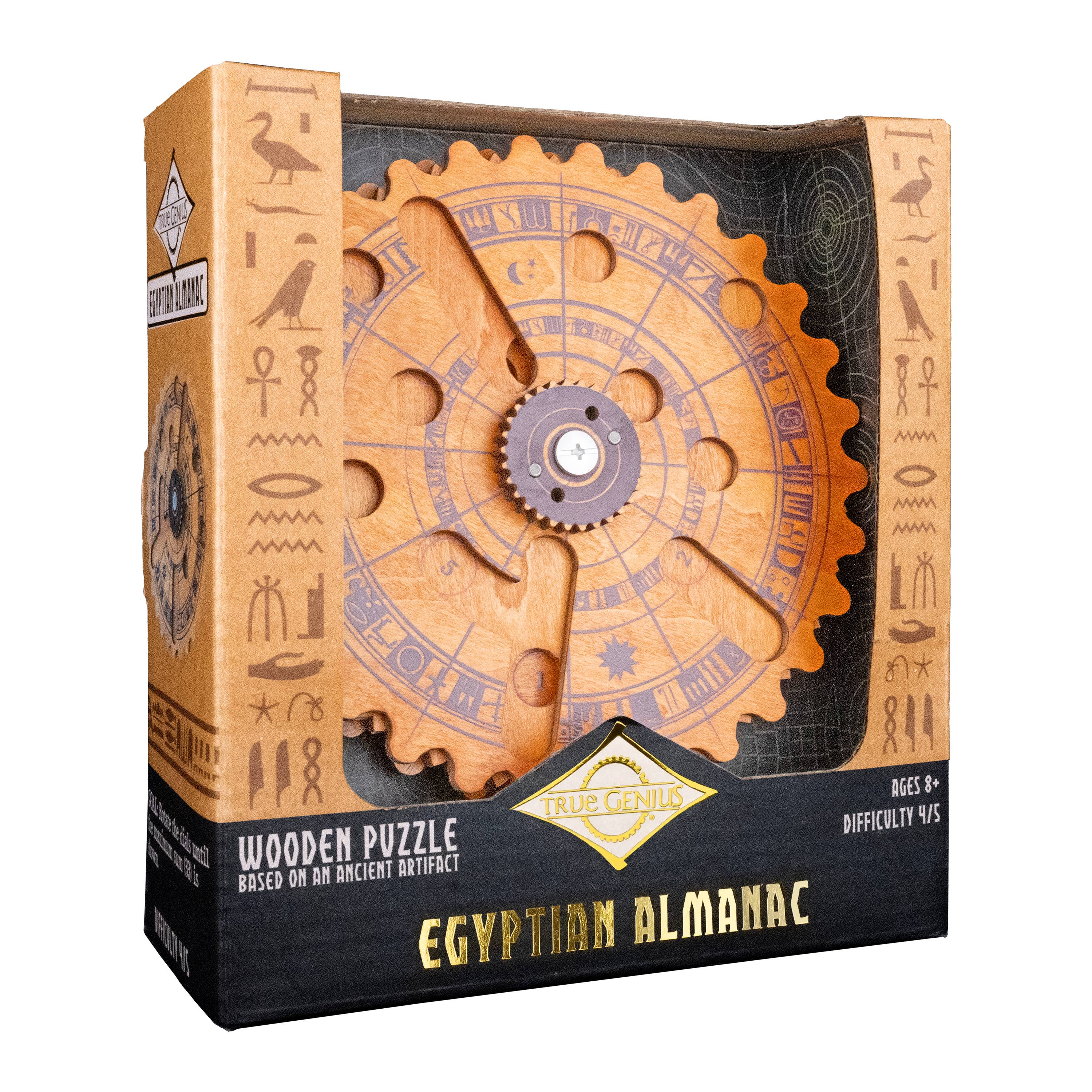 Egyptian Almanac Mathematical Brainteaser, ages 8+, difficulty 4/5, in box with hieroglyphics.