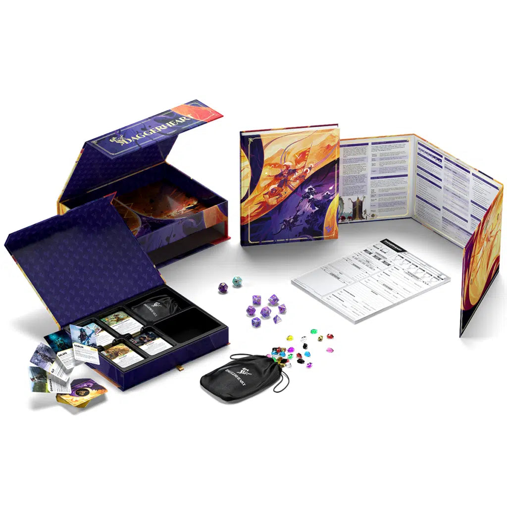 Daggerheart Core Set Limited Edition with box, books, dice set, cards, pouch, and character sheet.