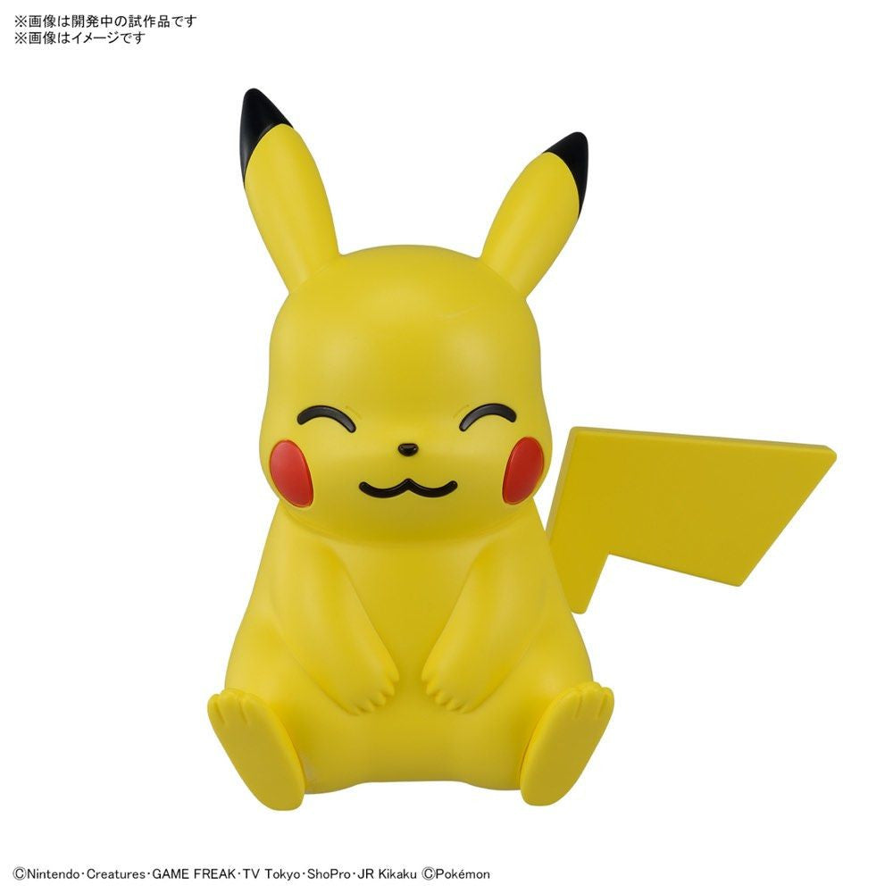 Pokémon Model Kit Quick: Pikachu Sitting Pose with smiling Pikachu, rosy cheeks, and visible tail on a white background.