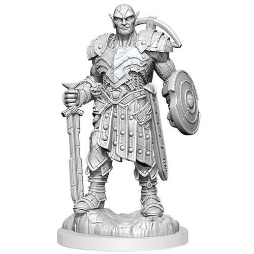 D&D Nolzurs Marvelous Miniatures W20 Earth Genasi Fighter, unpainted, with sword and shield on round base.