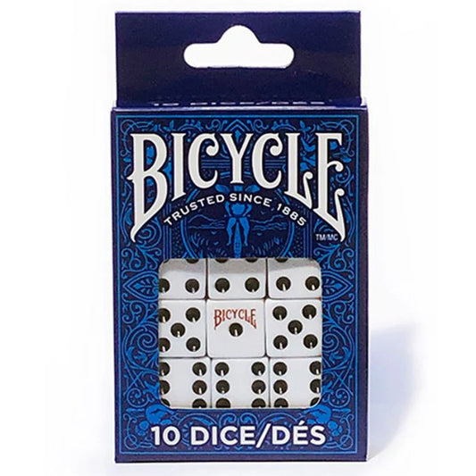 Set of ten white opaque d6 dice with black pips in a blue box with a clear plastic window.