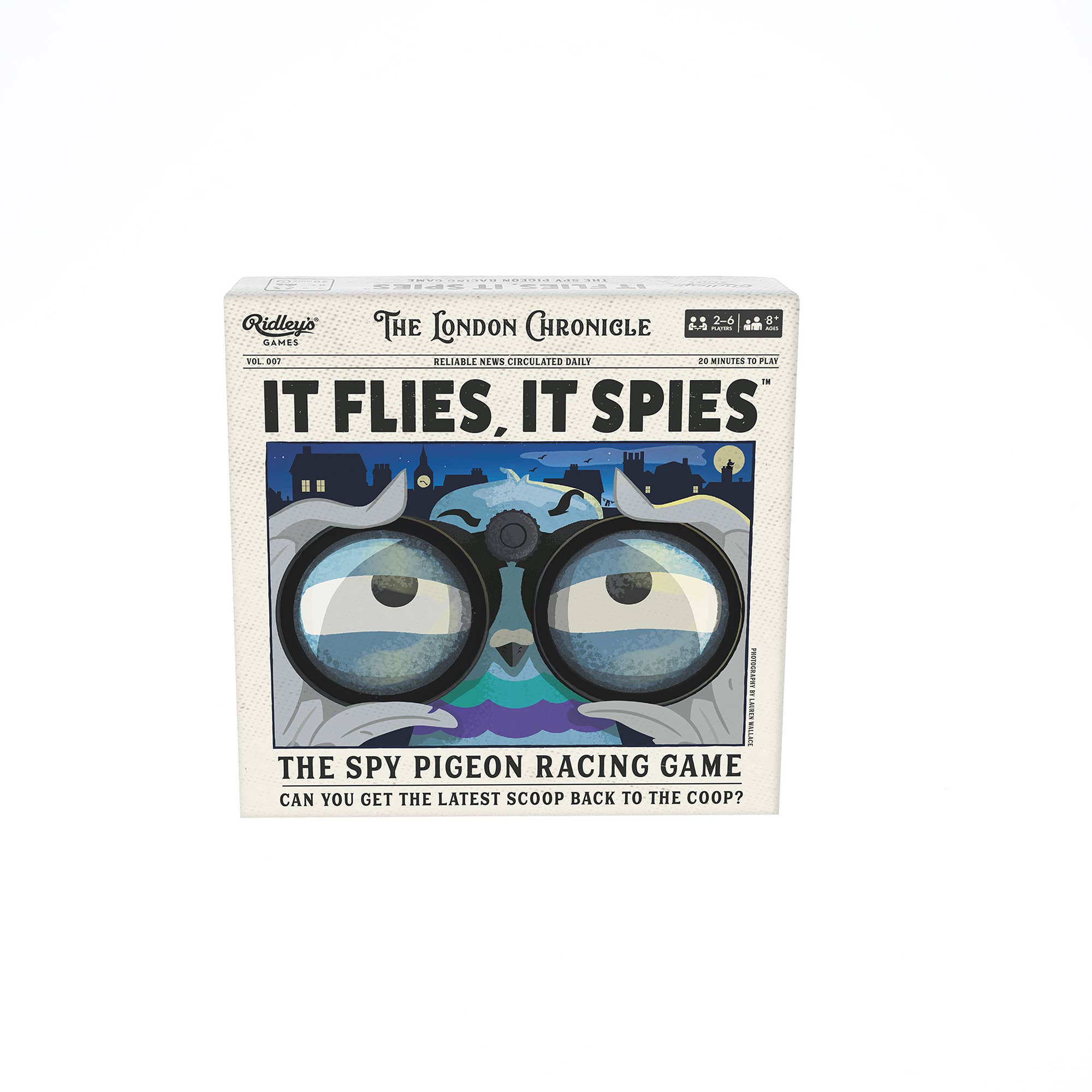It Flies, It Spies game box featuring binoculars and a pigeon illustration on the cover.