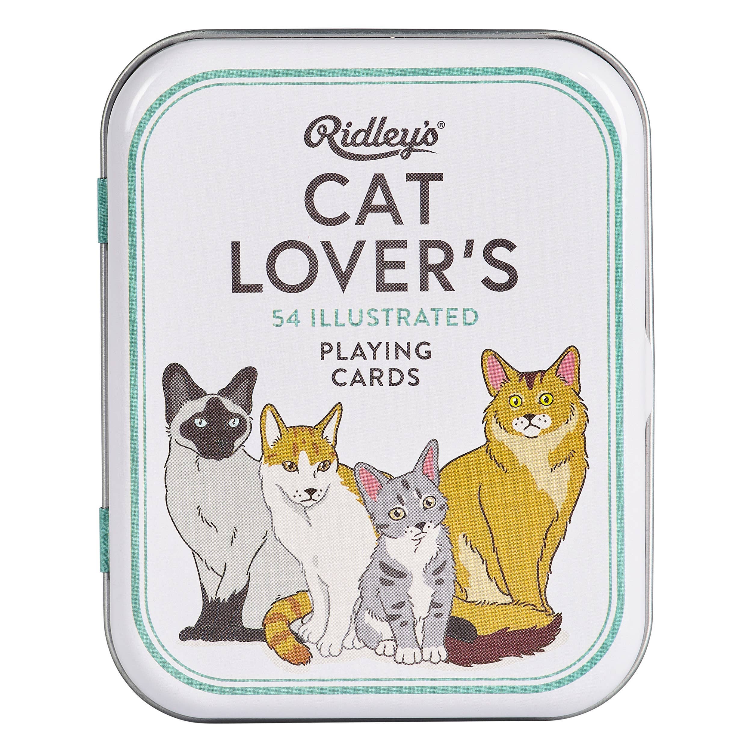 Cat Lovers Playing Cards tin featuring four different cat illustrations on the front.