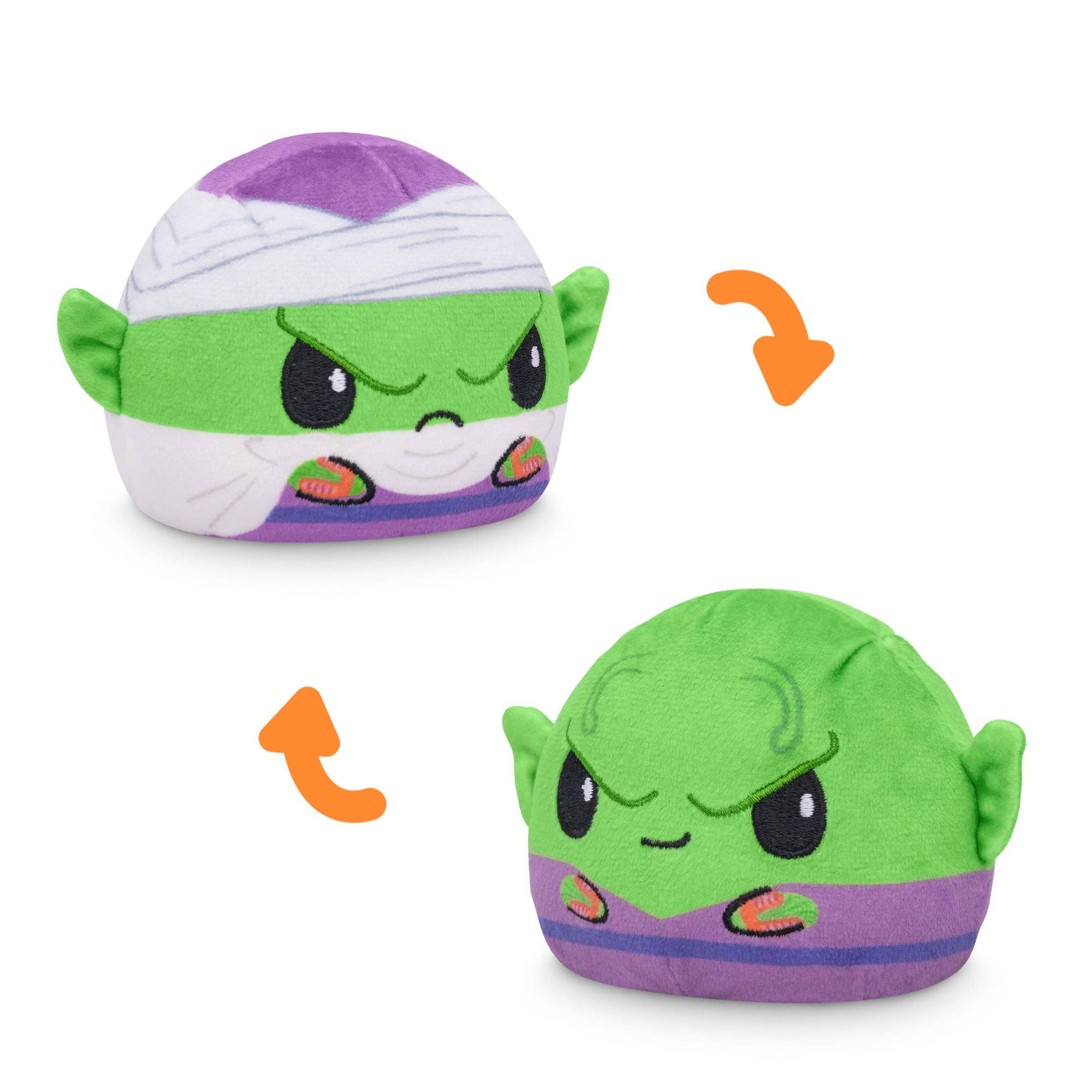 Two round Dragon Ball Z reversible plushies with different expressions, connected by orange arrows.