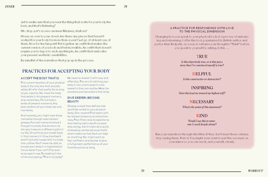 Inner Workout book open to pages with tips on body acceptance, wellness, and self-care practices.