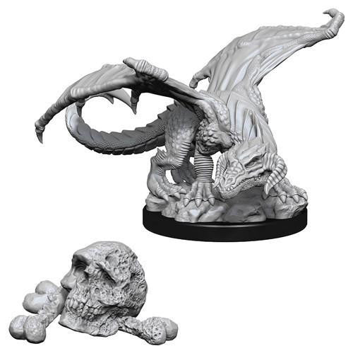 D&D NMU Black Dragon Wyrmling W10 figurine with wings, posed on rocks with skull.