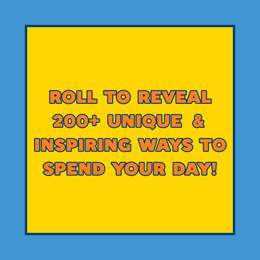 Yellow box labeled Roll Adventure Dice to reveal 200+ inspiring activities on a blue background.