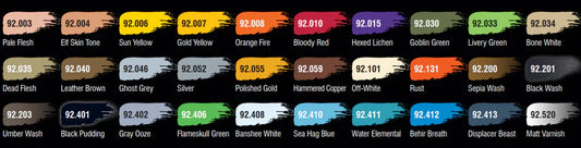 Dungeons & Dragons Vallejo Prismatic Paints Basic Starter Set with 24 labeled acrylic paints displayed in a chart.