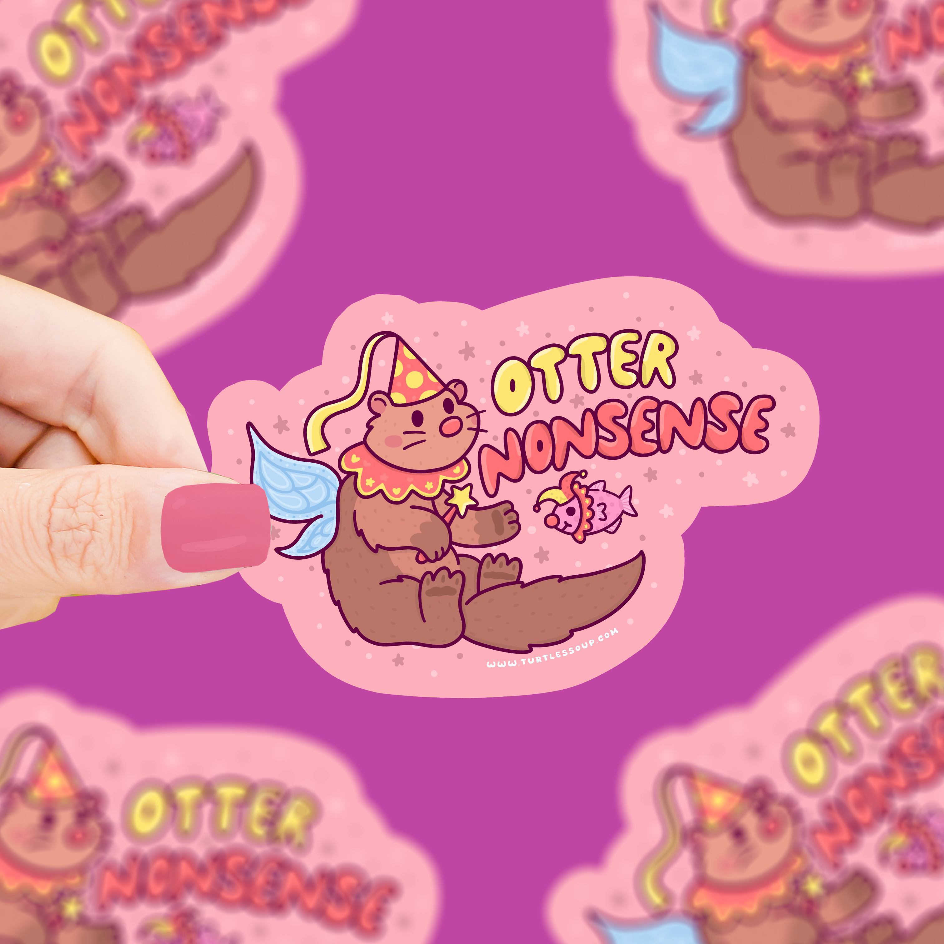 Vinyl sticker labeled Otter Nonsense with a party otter in ruffles and hat and a small fish.