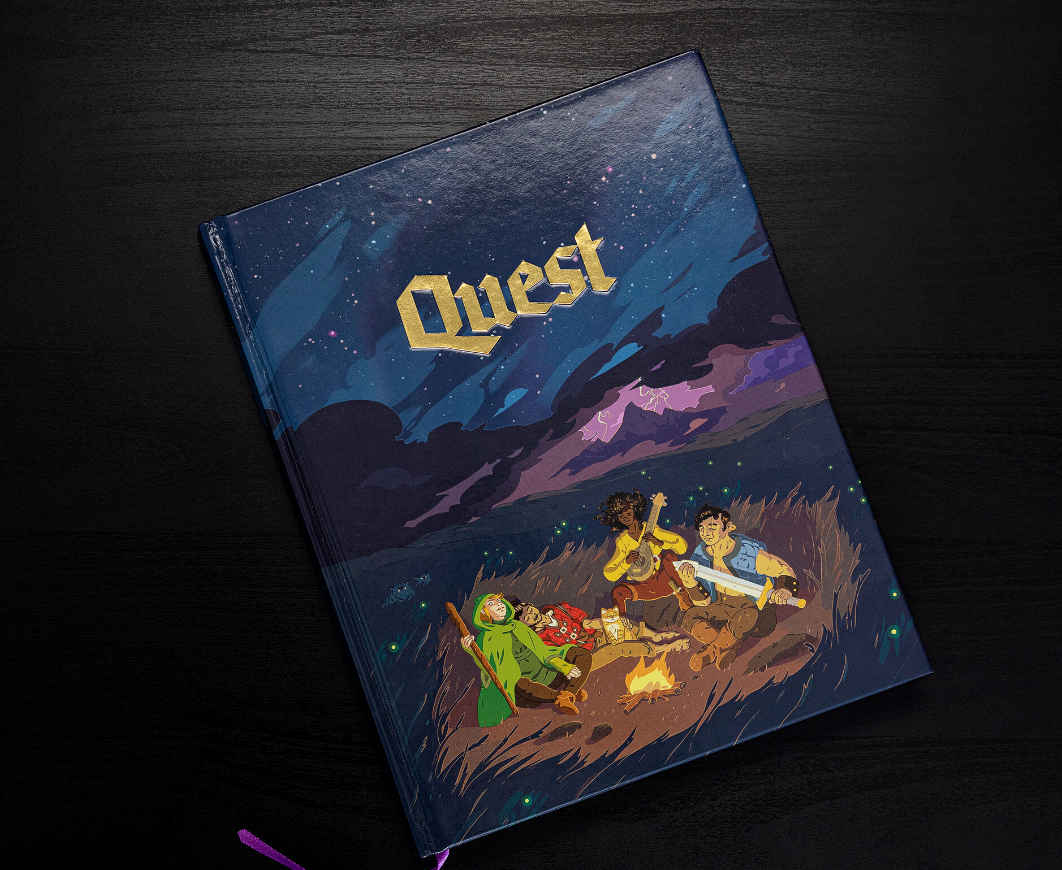 Quest Roleplaying Game Book cover showing three adventurers by a campfire under starry skies.