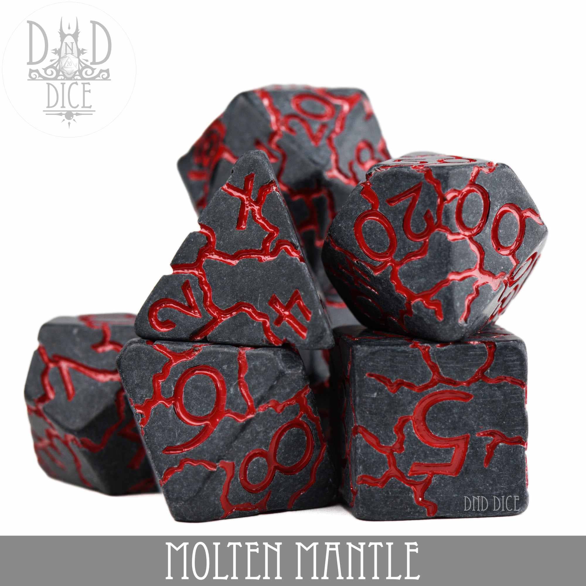 Molten Mantle 7-piece black resin DnD dice set with glowing red cracks and numbers.