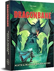 Dragonbane RPG Core Set fantasy book cover featuring a warrior and dragon atop ruins.