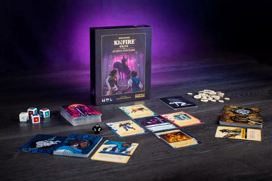 Kinfire Delve: Scorns Stockcade cooperative card game set with cards, tokens, dice, and game box.
