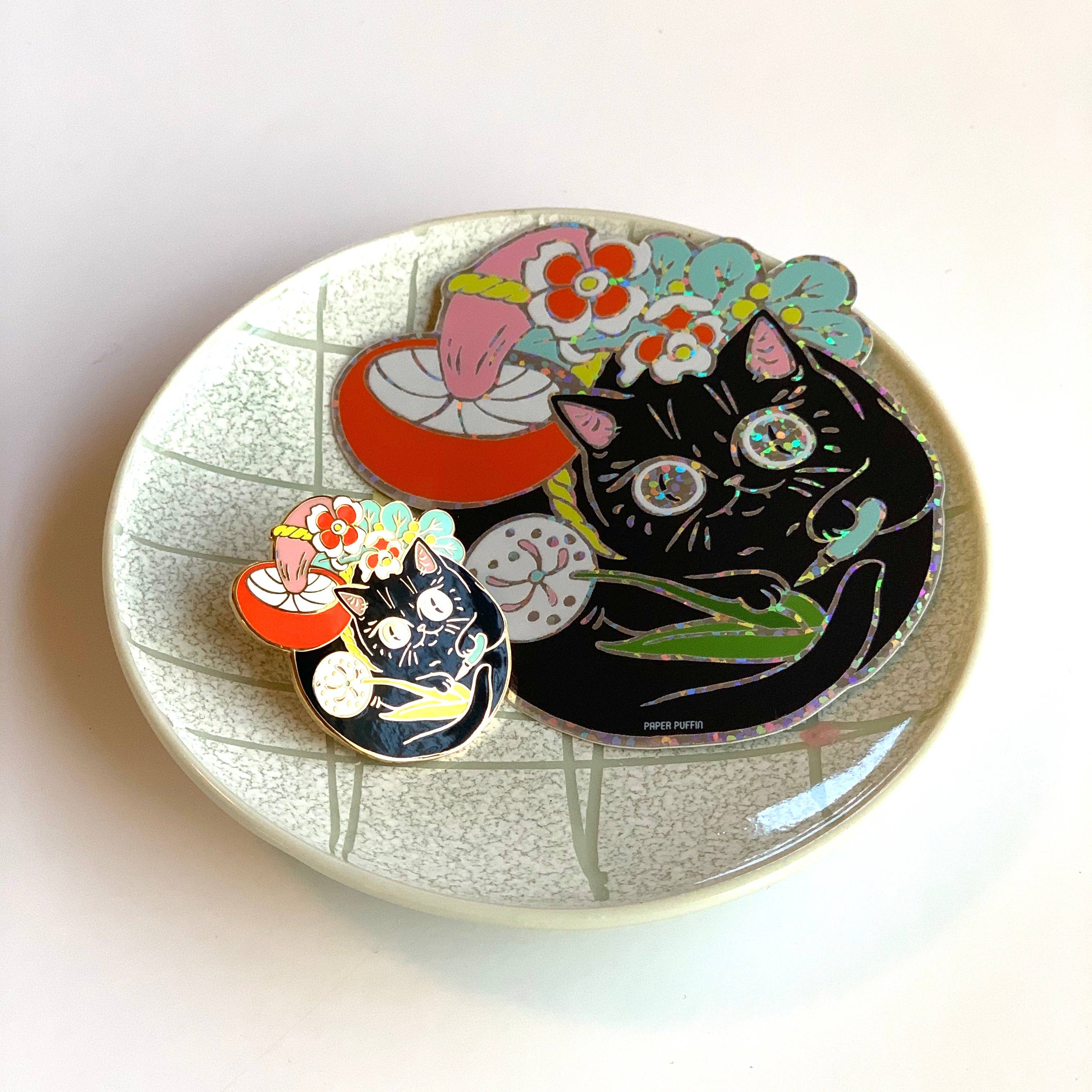 Curious Nature Cat enamel pin and matching holographic sticker with cat, flower, and mushroom design.