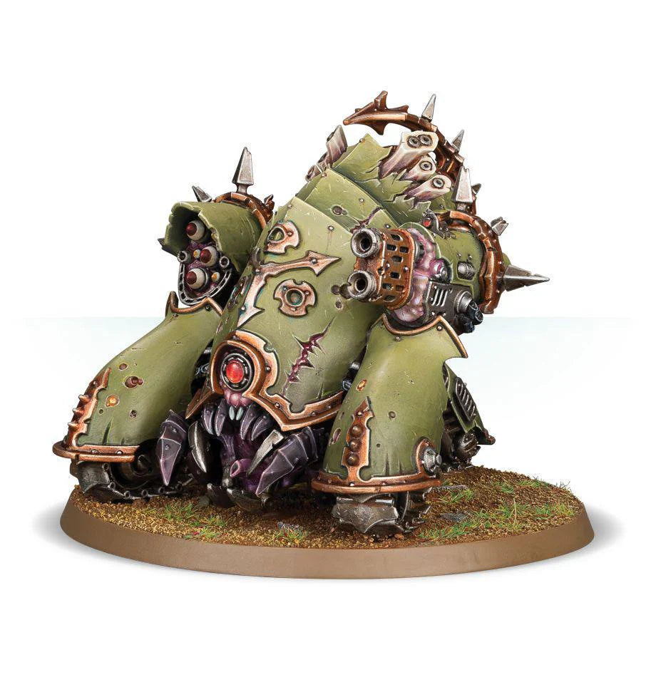 Death Guard Myphitic Blight-hauler tank, spiked and green with claws and mechanical parts, on a round base.