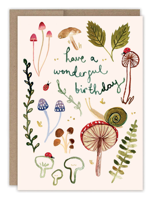 Mushrooms Wonderful Birthday Card by Louise Mulgrew featuring illustrated mushrooms, leaves, and ferns on recycled paper.