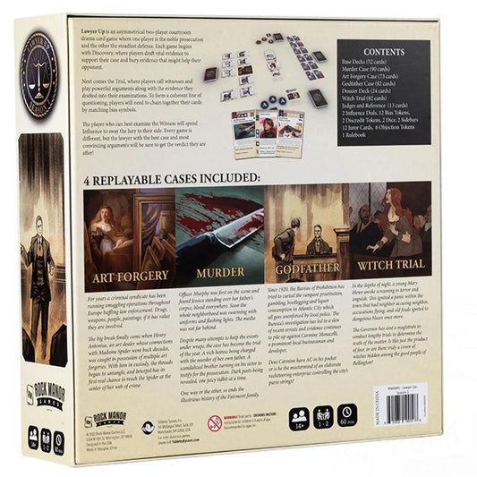 Lawyer Up game box back displaying contents and summaries of four replayable case scenarios.