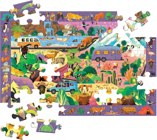Partially assembled Mudpuppy Great Outdoors 64-piece puzzle featuring wild animals and vehicles.